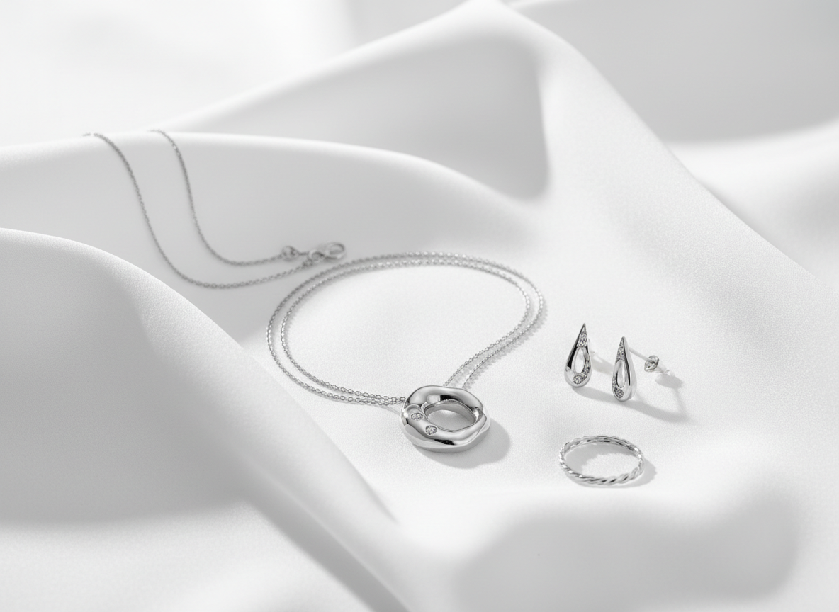 Ultra-luxury editorial photograph of delicate silver jewelry arranged on soft flowing white silk fabric
